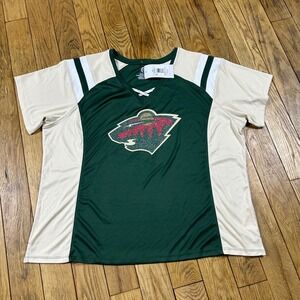 NEW Minnesota Wild Womens 2XL VNeck TShirt Green Cream NHL Hockey Game Day